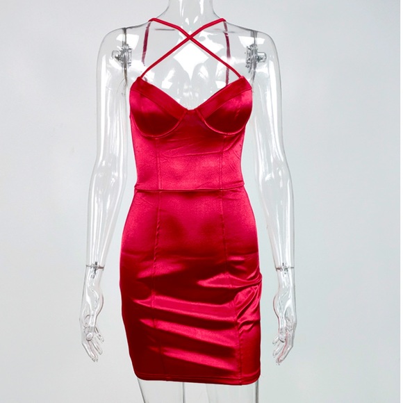 Red Criss Cross Strap Satin Mini Dress - Picture 7 of 11